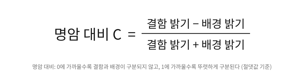 명암 대비 C = (결함 밝기 &minus; 배경 밝기) &divide; (결함 밝기 + 배경 밝기)